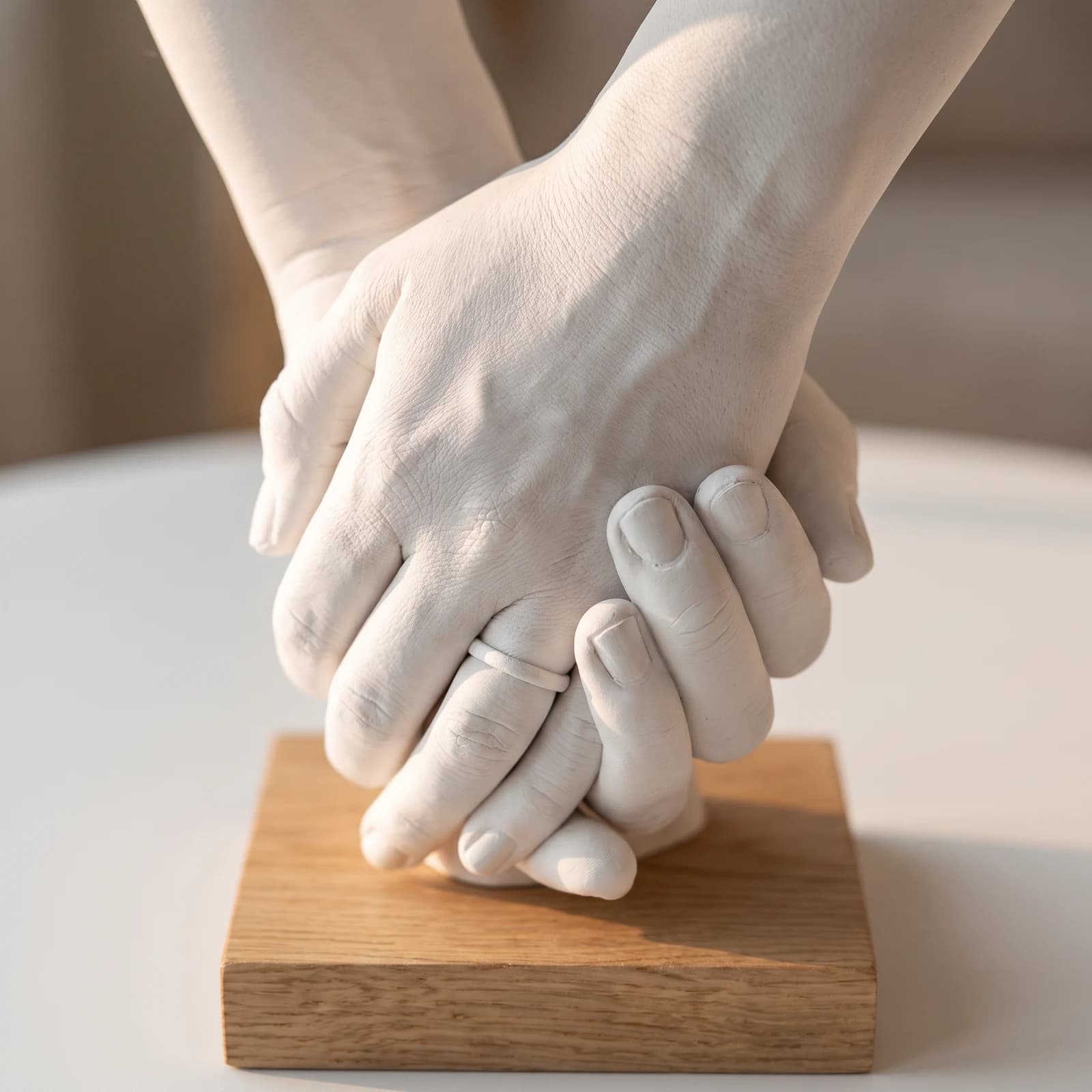 Close-up of the cast: knuckle lines, fingernails and a ring reproduced in white stone