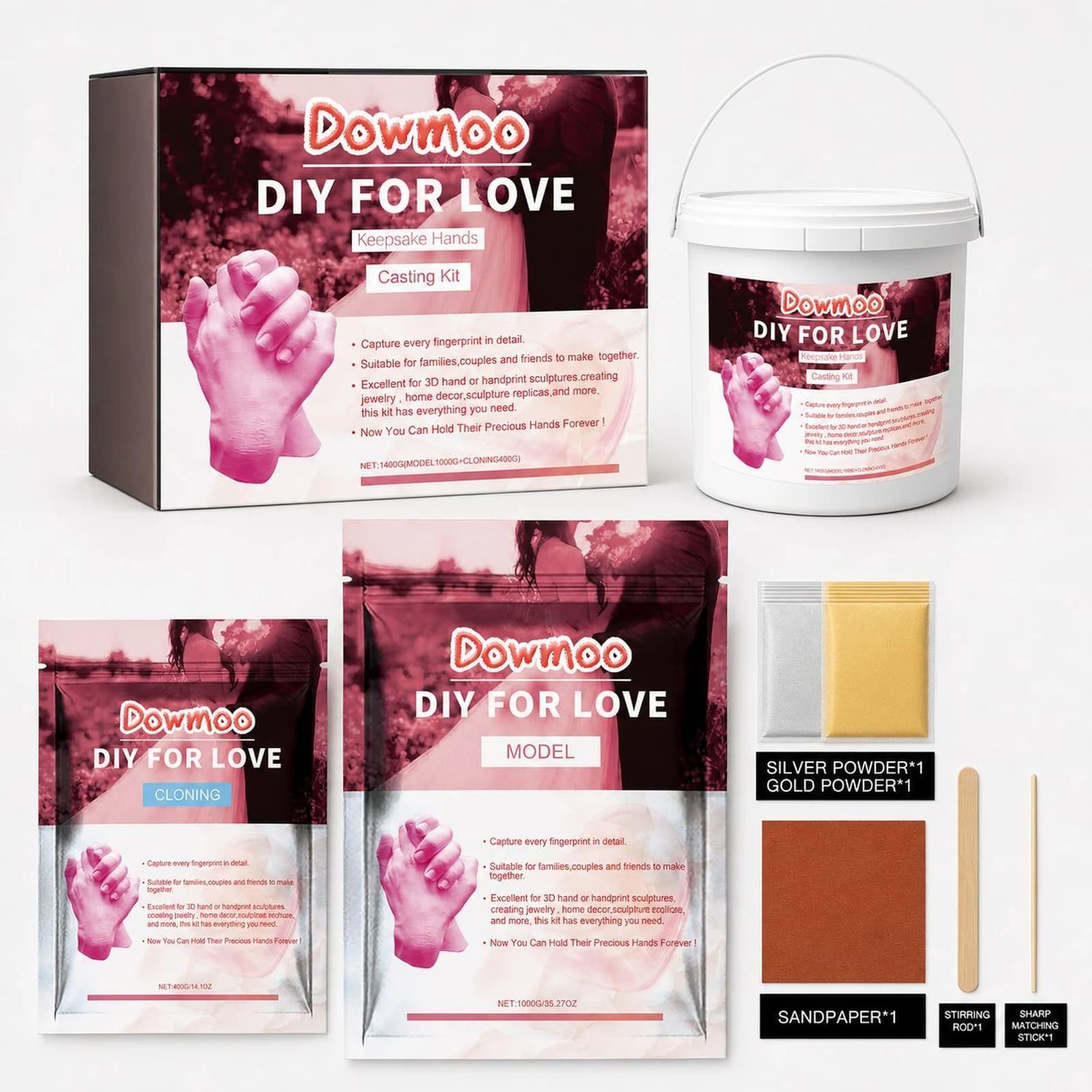 Everything in the kit: the molding bucket, two molding powder pouches, casting stone, gold and silver finishing powder, sandpaper and stir sticks